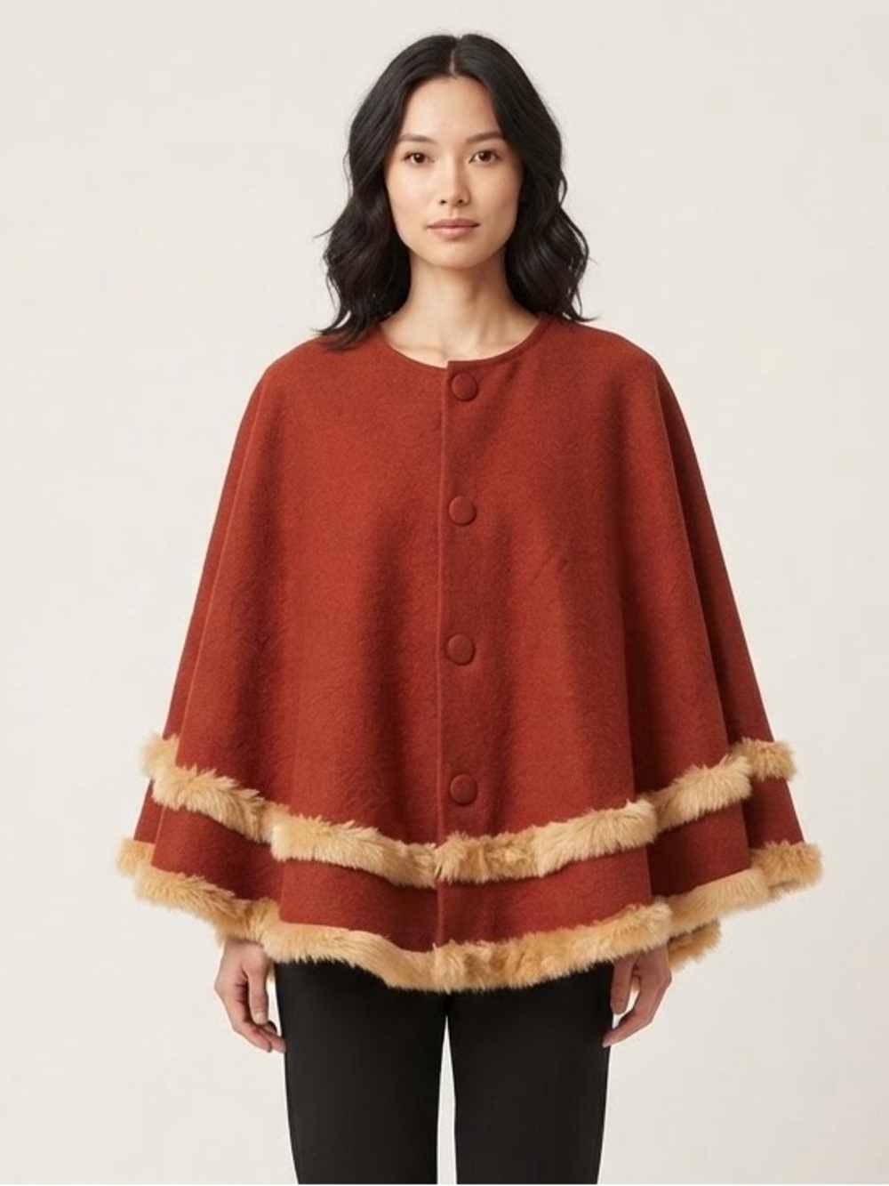 Wool Blend Rust Red Faux Fur Details Button Front Poncho Cape